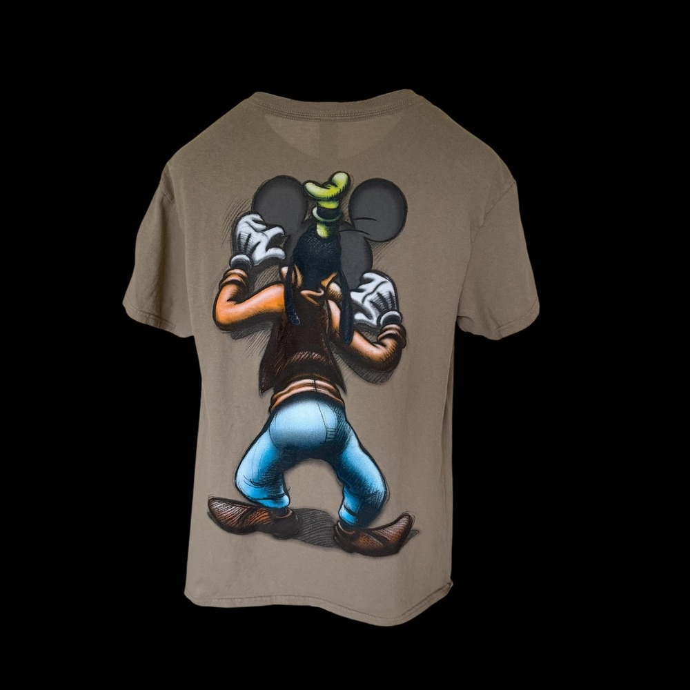 Disney Goofy Mickey Mouse T-Shirt Brown Khaki Cotton Crew Neck Medium